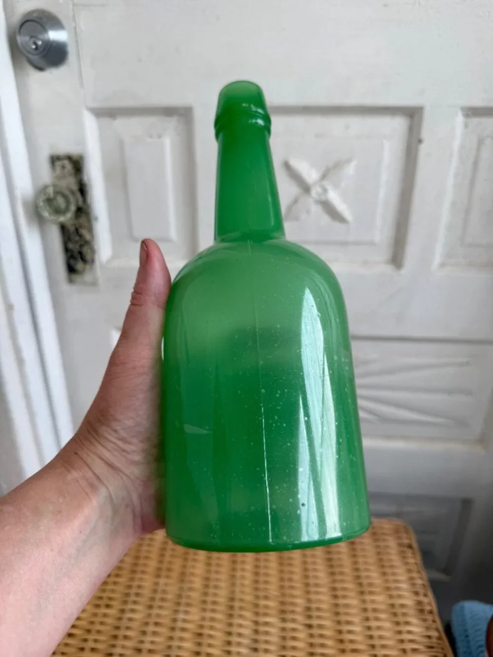 Vintage 50's Jadeite Opaque Green Glass Old Bottle/ Vase Flower Plant Decor